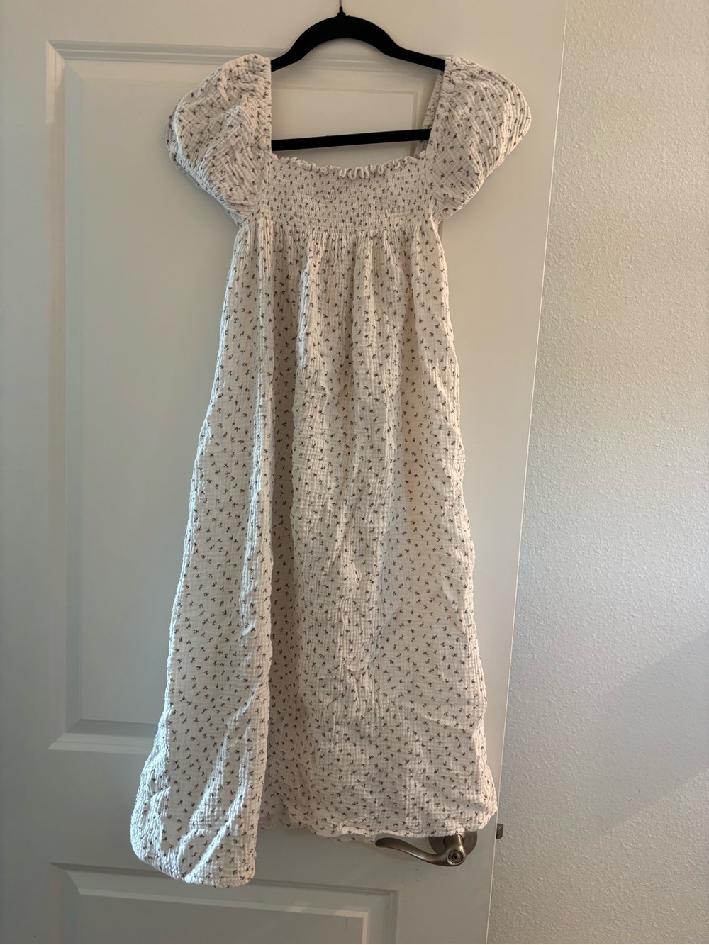 Smocked Midi Dress in Cream with Tiny Floral Print